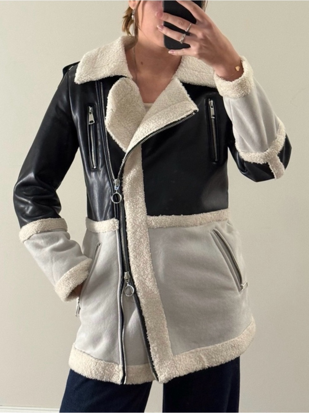 Two-Tone Faux Shearling Moto Jacket in Black & Cream